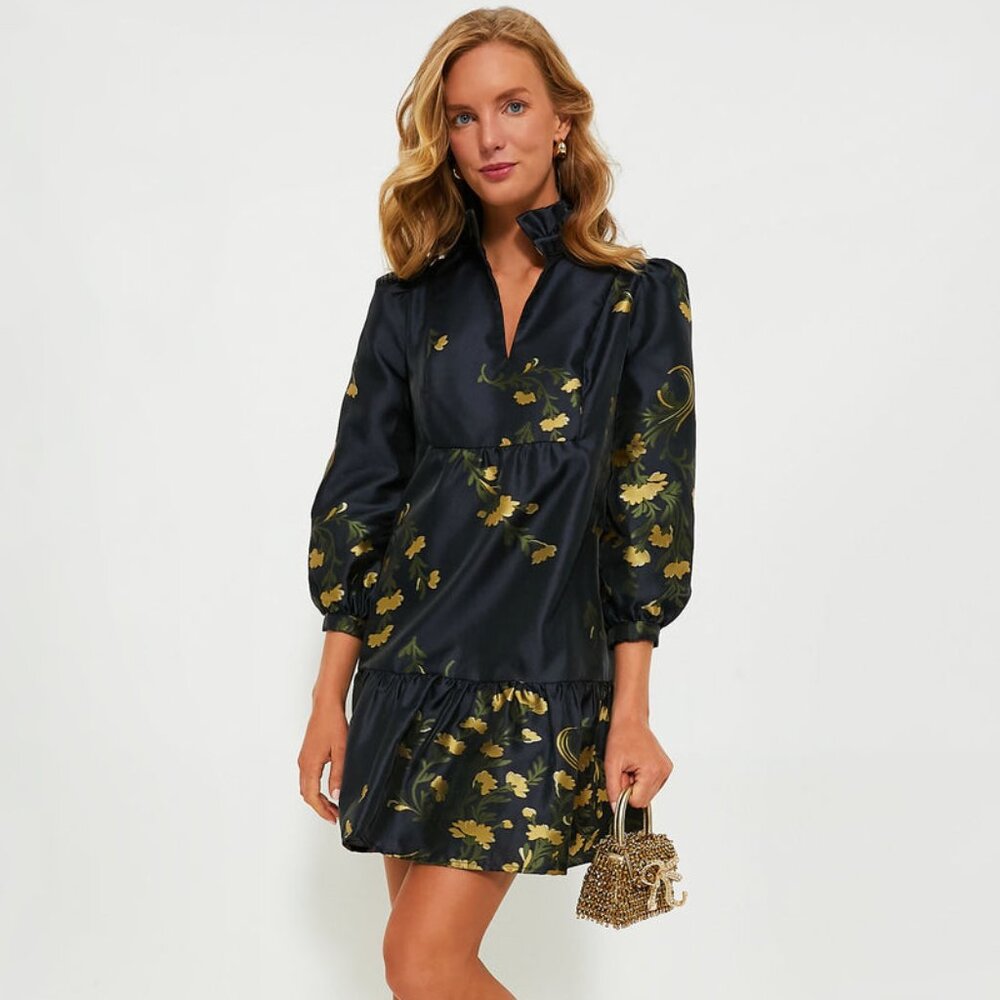 Tuckernuck Black Mini Dress with Gold Floral Print